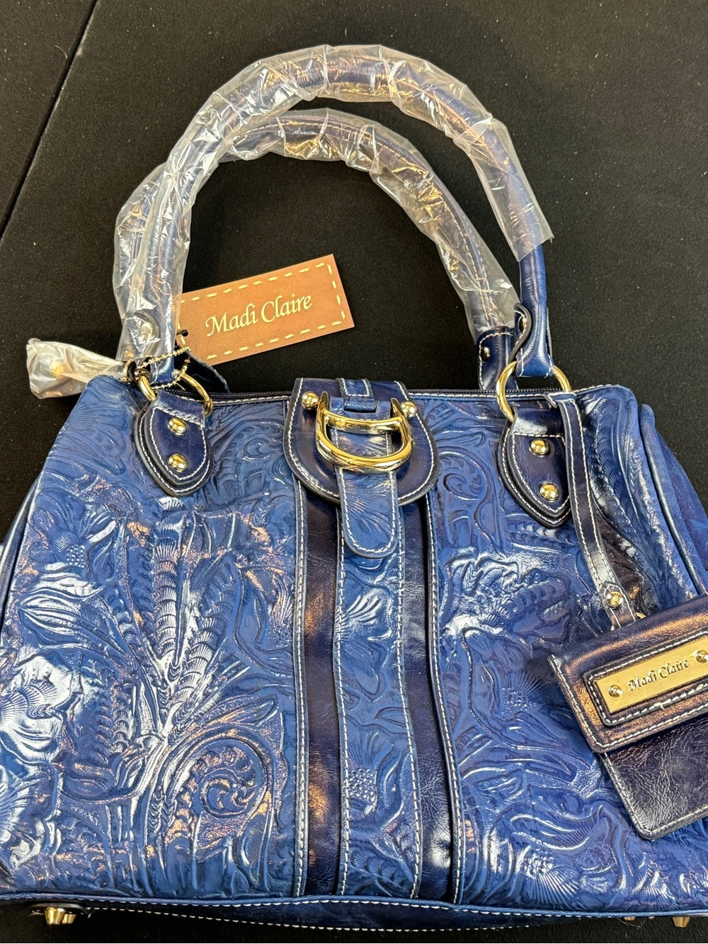 Blue Embossed Genuine Leather Tote Bag